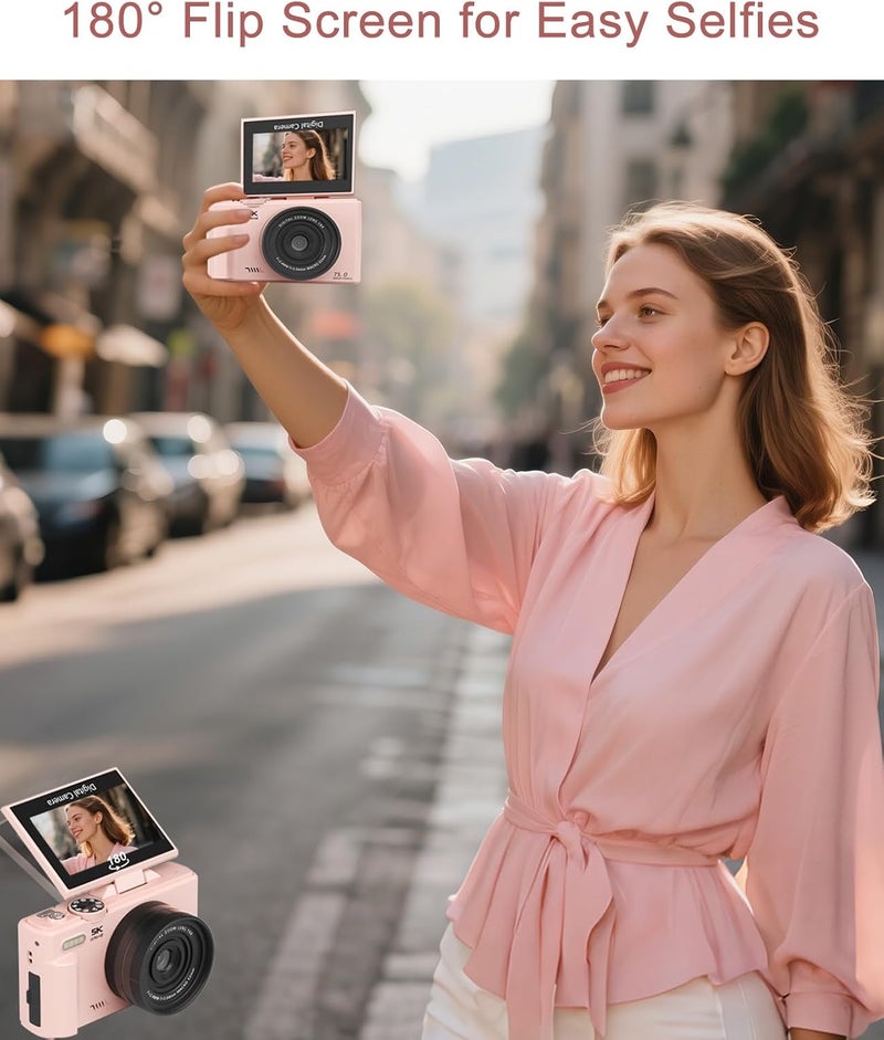 FLATIC Digital Camera, 5K 75MP Cameras for Photography with WiFi & 64GB TF Card, Autofoucs Vlogging Camera for YouTube with 180° Flip Screen, Compact Vlog Travel Camera Kit for Beginner, Teens - Image 5